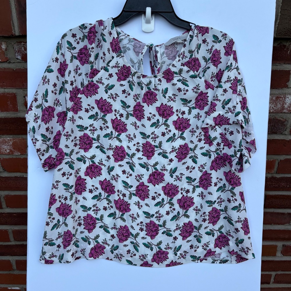 Loft Womens Large Purple Floral Mixed Media Short Sleeve Blouse Keyhole Back